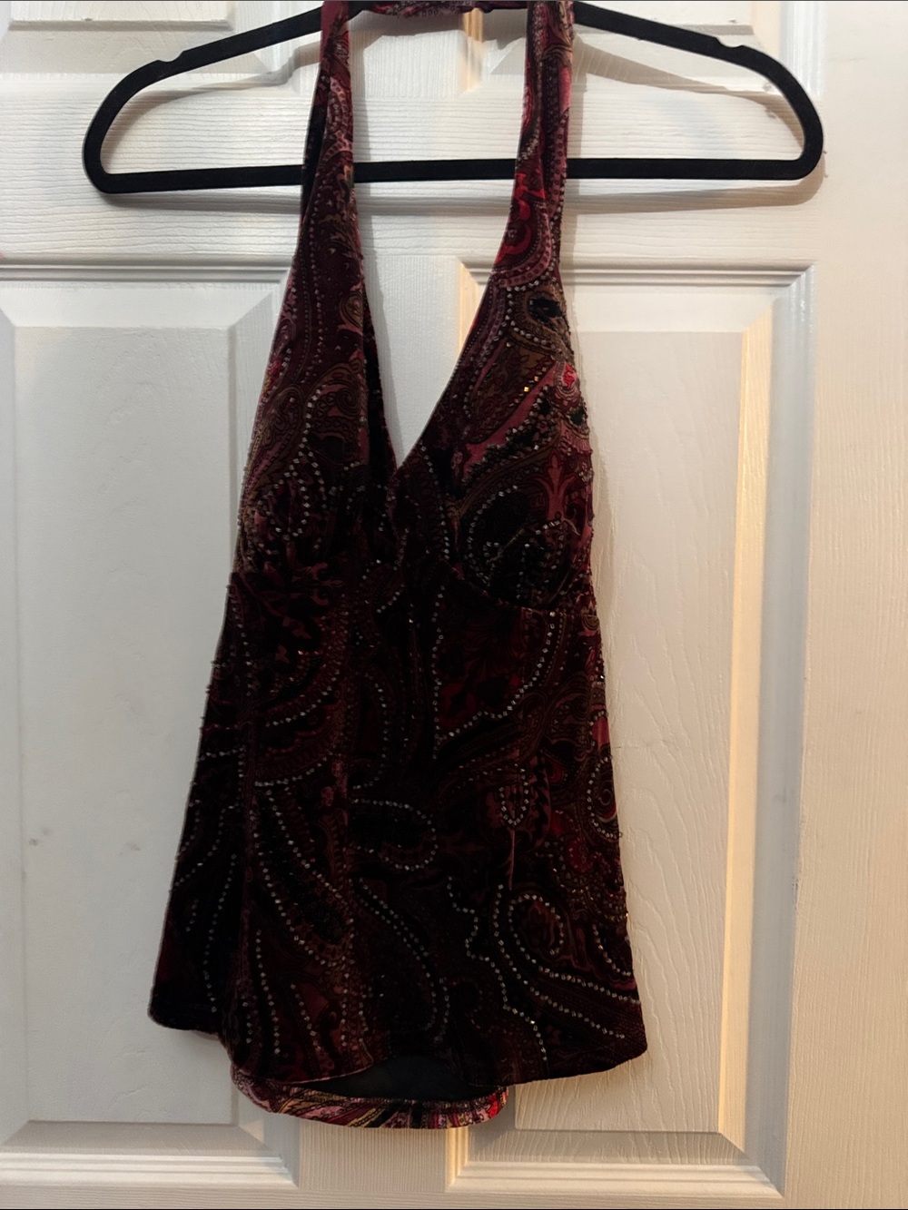 Cache One-Shoulder Velvet Paisley Top in Burgundy and Black
